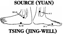 Diagram showing source and tsing points of the wrists and ankles.
