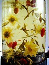 Decanter of long jing cha, jue hua and gou qi zi.